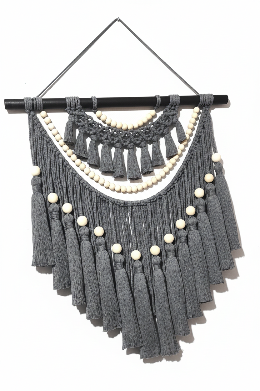 Arazzo Macramé "Pietra" - Grigio con Perline 72x75cm