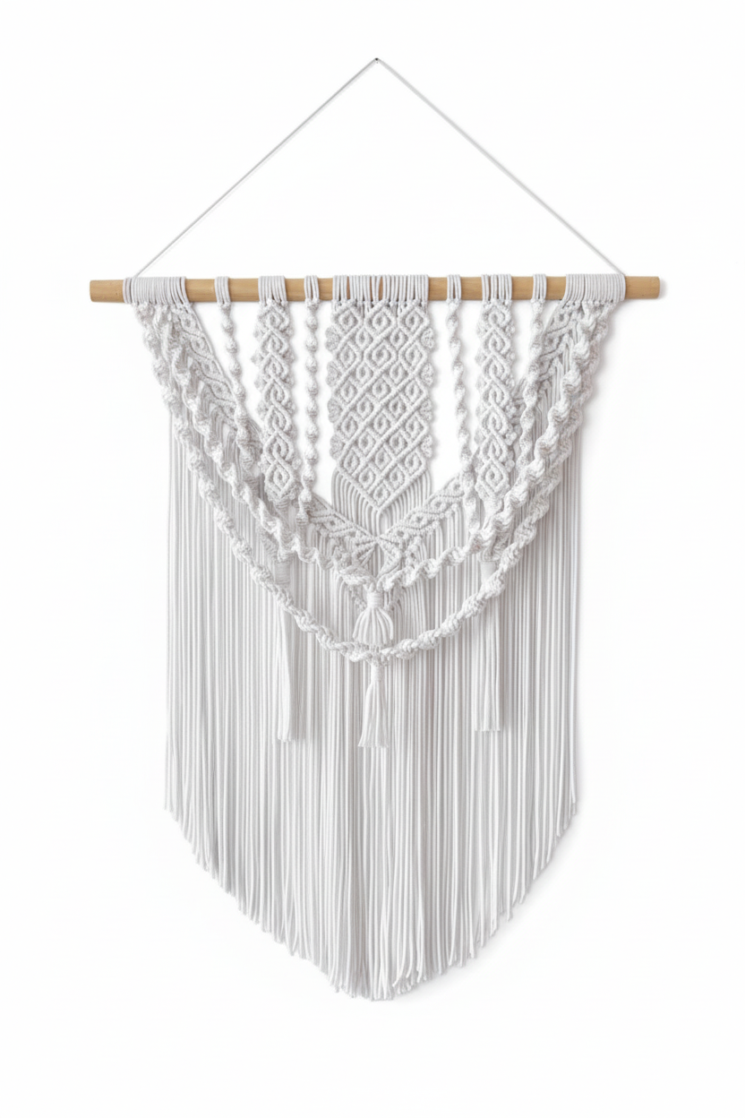 Arazzo Macramé "Luce" - Bianco con Frange 80x96cm