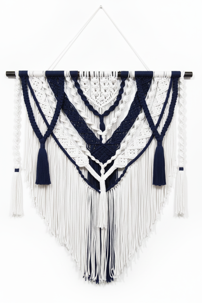 Arazzo Macramé "Oceano" - Navy e Bianco XXL 100x110cm