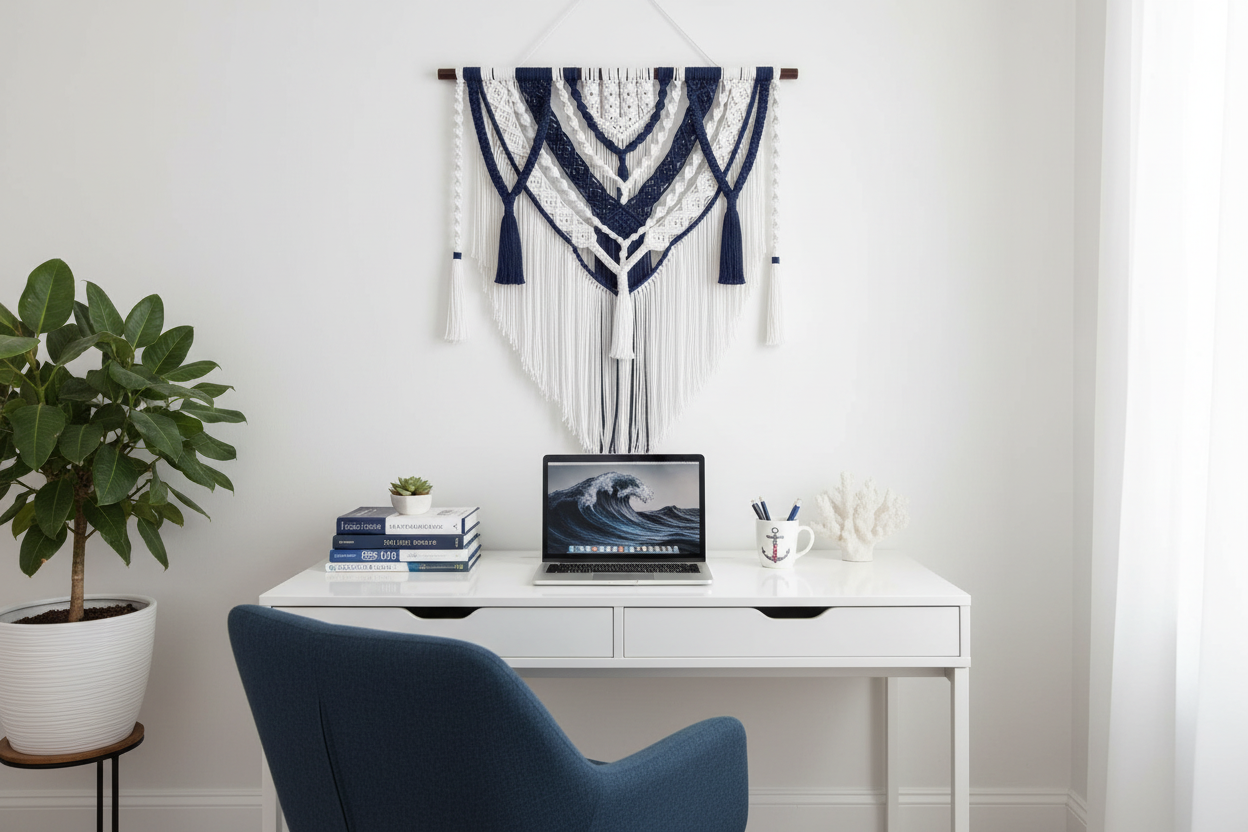 Arazzo Macramé "Oceano" - Navy e Bianco XXL 100x110cm