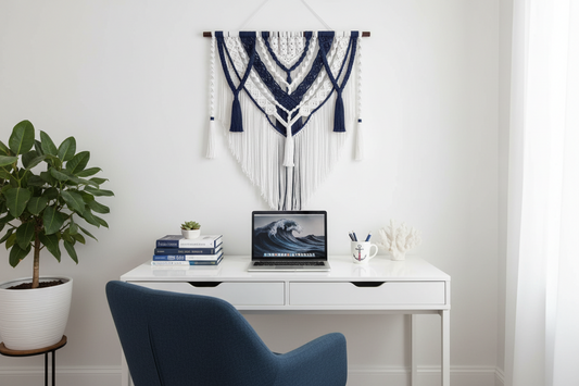 Arazzo Macramé "Oceano" - Navy e Bianco XXL 100x110cm