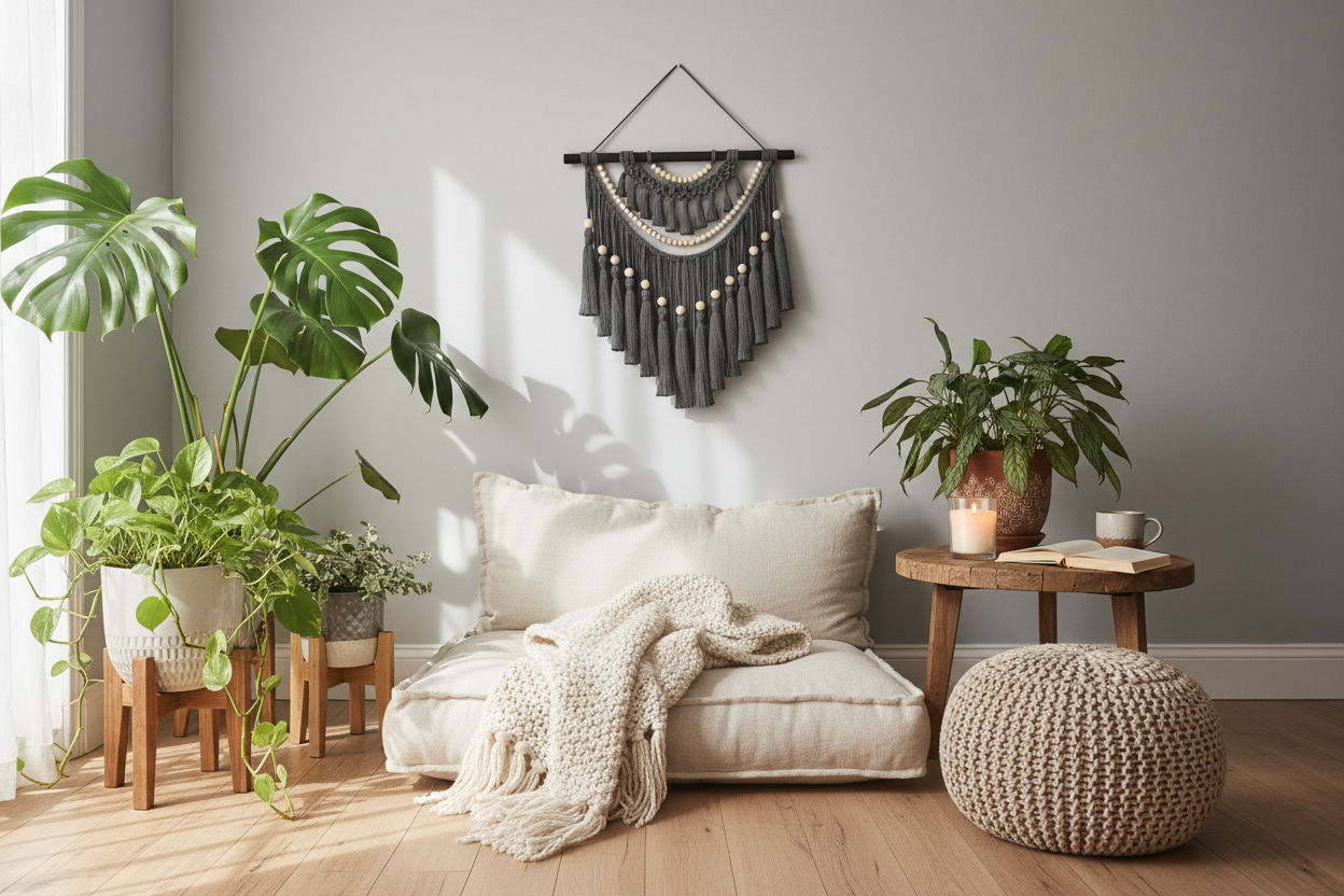 Arazzo Macramé "Pietra" - Grigio con Perline 72x75cm