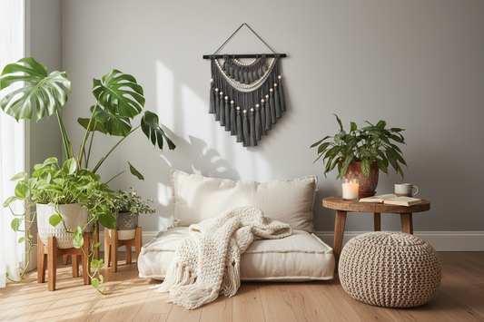 Arazzo Macramé "Pietra" - Grigio con Perline 72x75cm